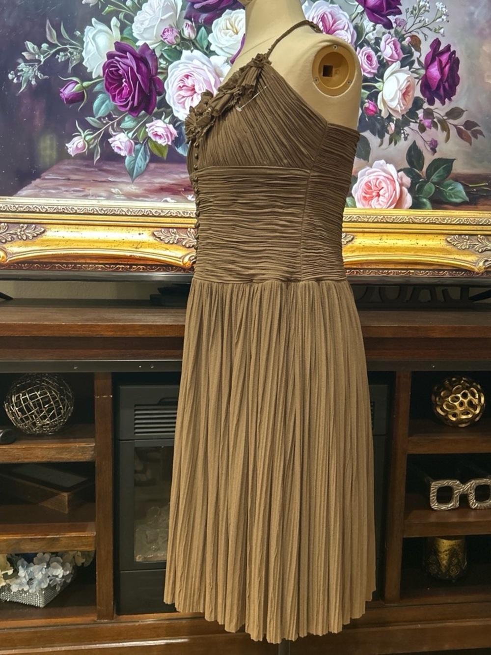 BCBGMaxAzria Brown Pleated Halter Cocktail Dress - Picture 2 of 8